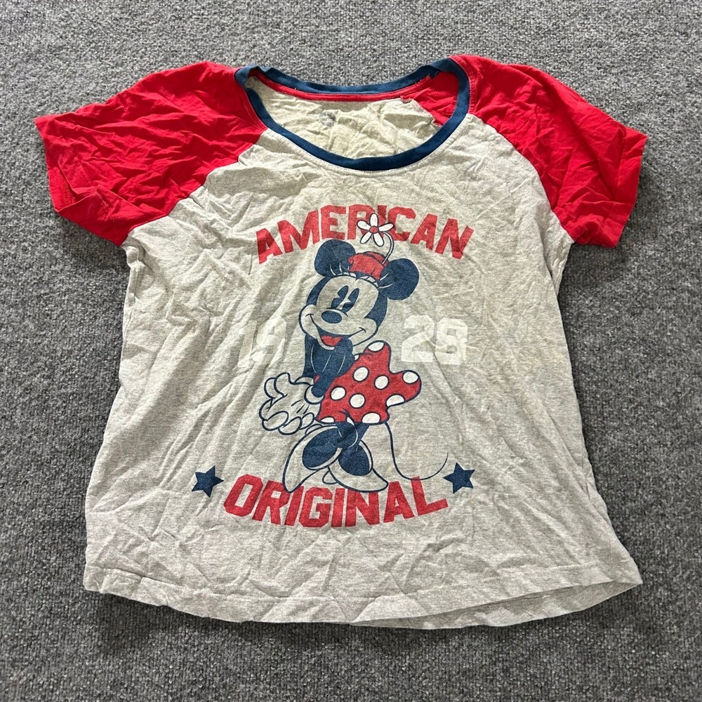Disney Store T-Shirt Womens XL Gray Red Raglan Minnie Mouse Cotton Graphic Tee